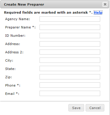 Create New Preparer dialogue