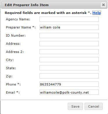 Edit Preparer Info Item dialogue